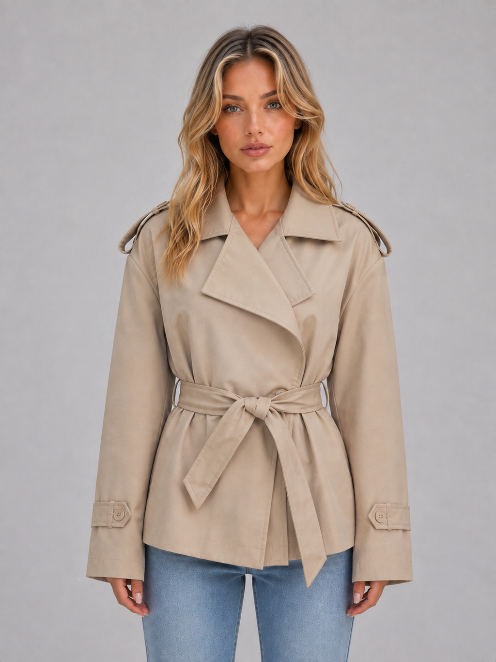 Women's short double-breasted trench coat - Chic and belted