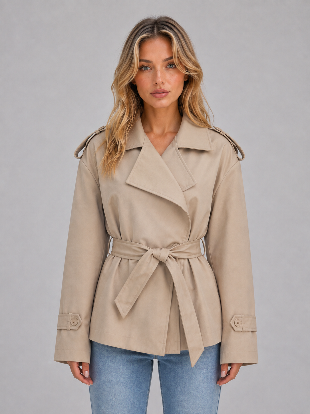 Women's short double-breasted trench coat - Chic and belted