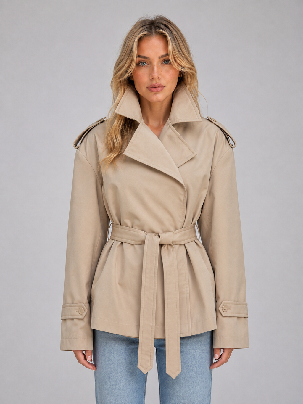 Women's short double-breasted trench coat - Chic and belted