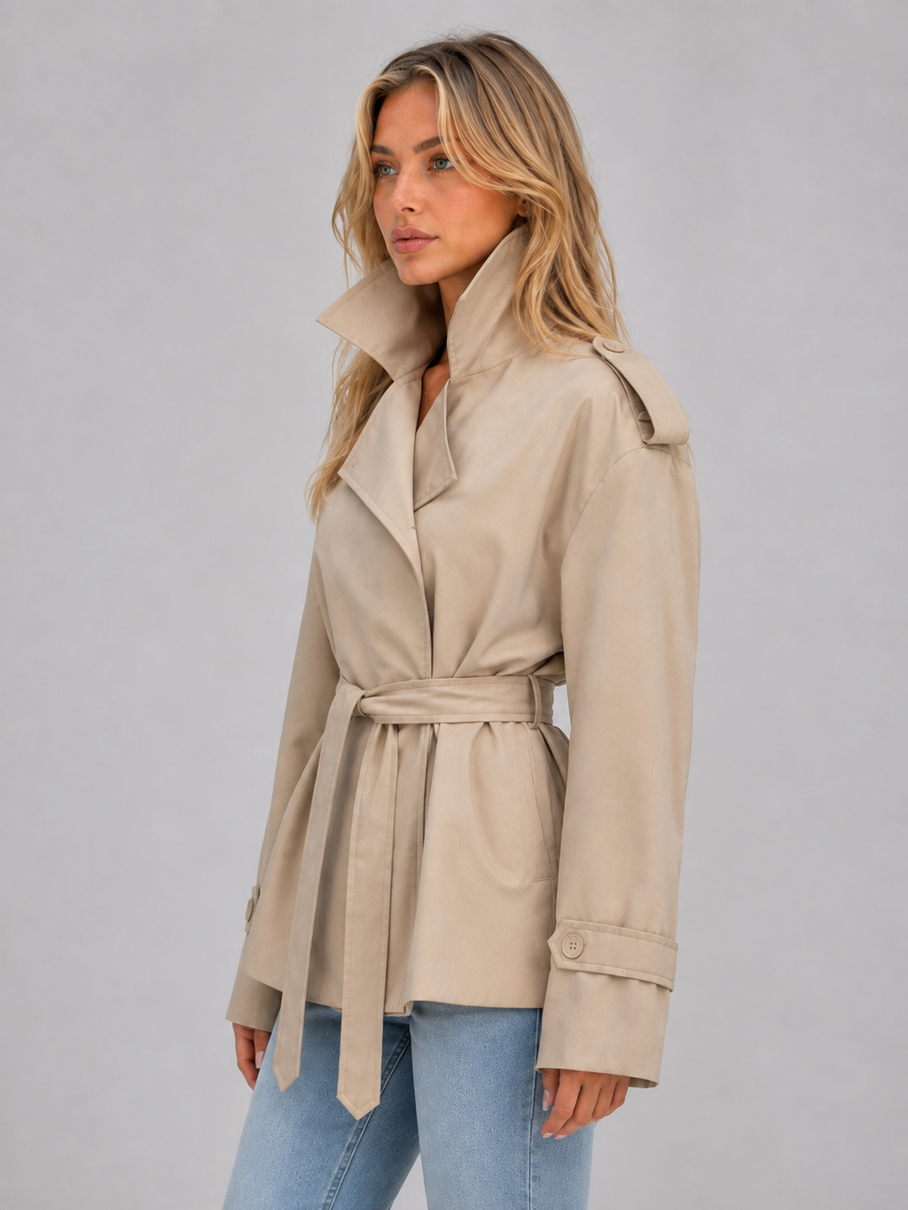 Women's short double-breasted trench coat - Chic and belted