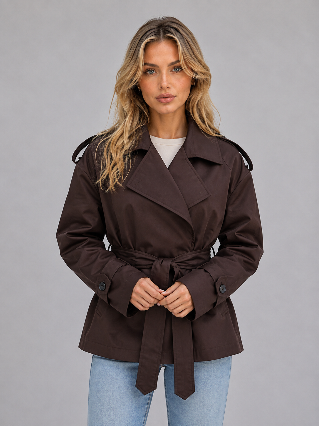 Women's short double-breasted trench coat - Chic and belted