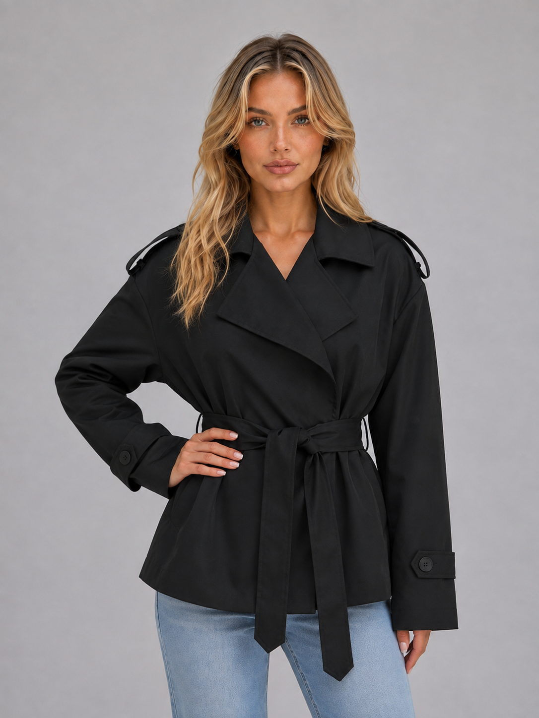 Women's short double-breasted trench coat - Chic and belted