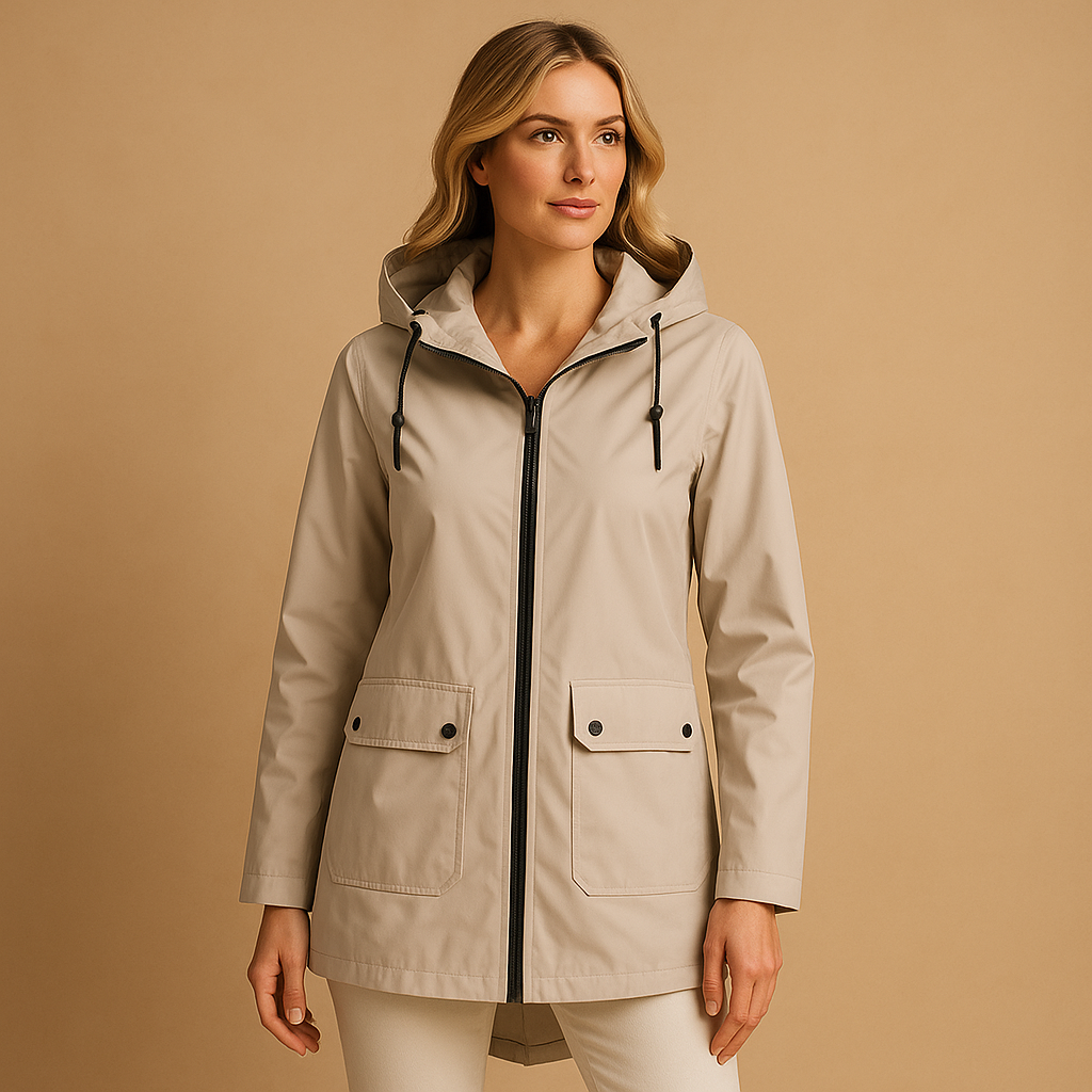 Women's long water-resistant hooded raincoat - Practical and stylish