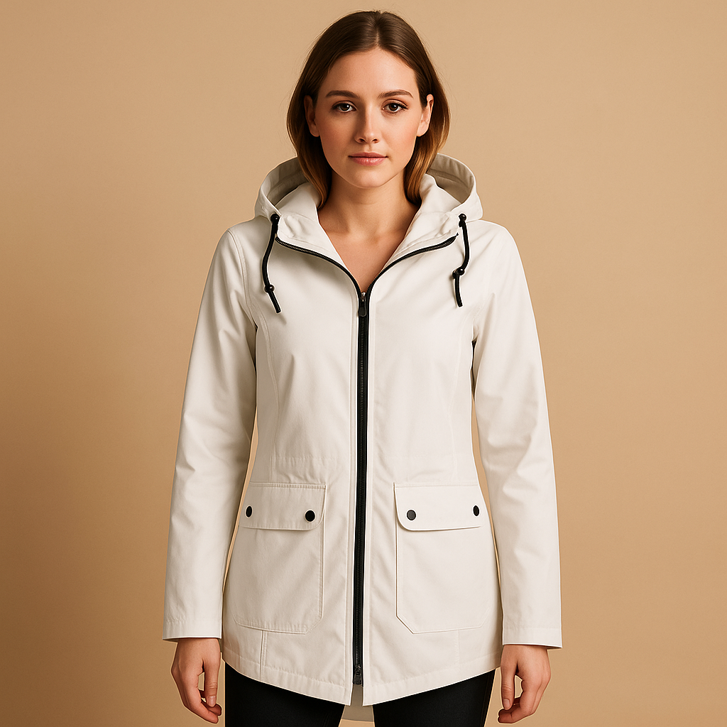 Women's long water-resistant hooded raincoat - Practical and stylish