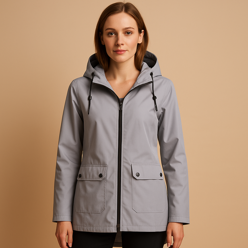 Women's long water-resistant hooded raincoat - Practical and stylish