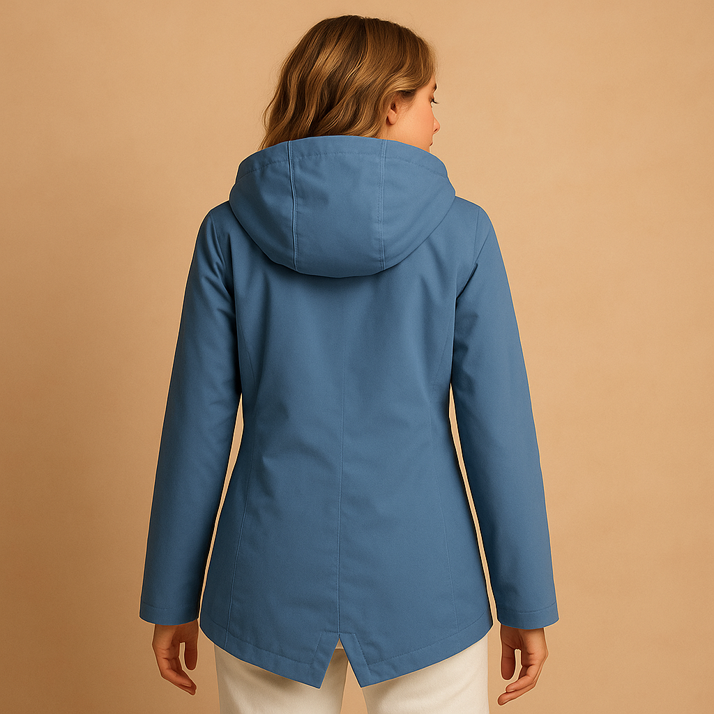 Women's long water-resistant hooded raincoat - Practical and stylish