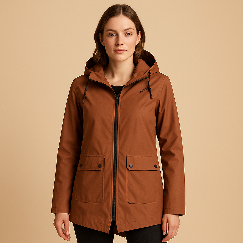 Women's long water-resistant hooded raincoat - Practical and stylish