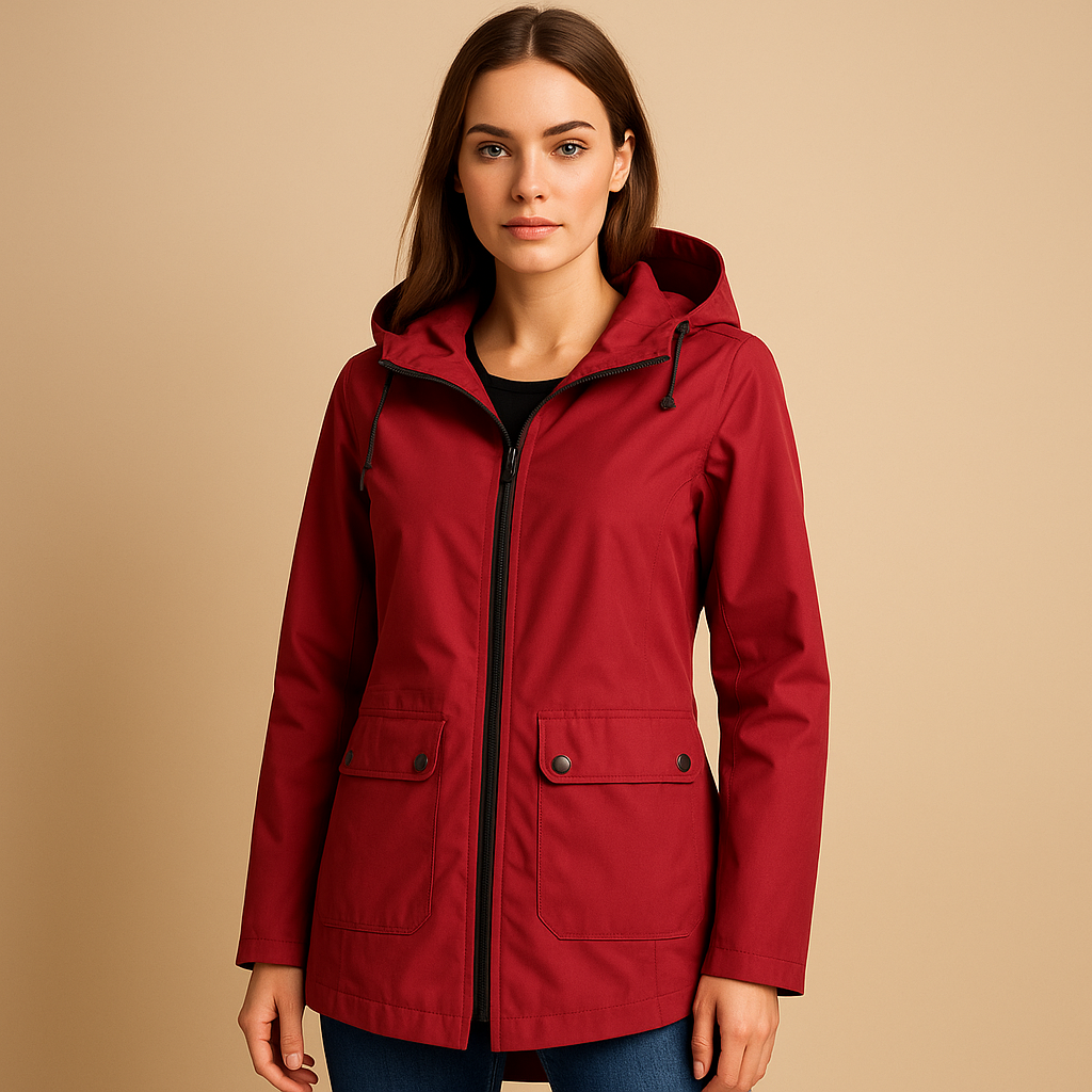 Women's long water-resistant hooded raincoat - Practical and stylish